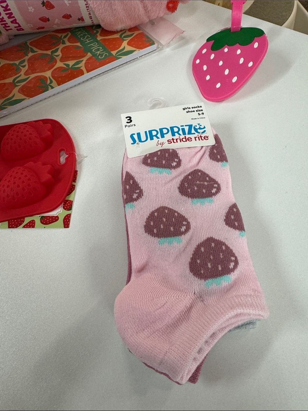 Stride Rite Pink Strawberry Print Girls Ankle Socks pk 3 pair
